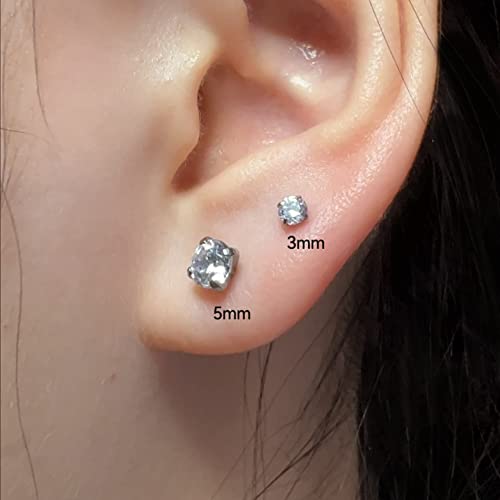 G23 Titanium Earrings Studs, Hypoallergenic Stud Earrings For Women Girls Men Sensitive Ears,Cubic Zirconia Earrings Round Bright/Princess-Cut Square/Ball , Premium High Polished With Pure Titanium Backs(5Mm, Butterfly Buckle) #TOP4