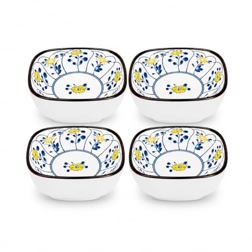 Image of Japanese Ceramic Snack Bowl Set of 4 | 200ml Small Serving Bowls for Dips, Soy Sauce, Chutney & Snacks, Hand-Painted Floral Design, Microwave & Dishwasher Safe (Kyoto Vine)