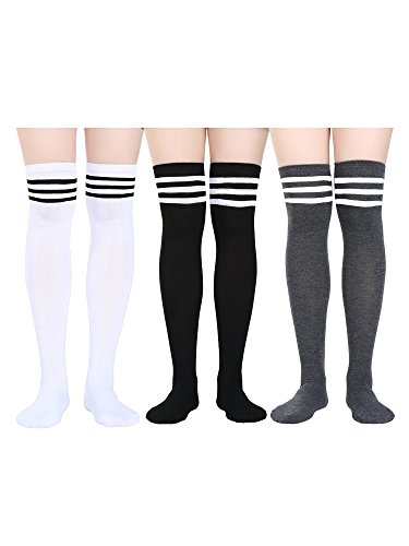 3 Pairs Women Knee High Socks High Thigh Stockings with Colorful Stripes for Cosplay, Halloween, Party, Daily Wear, One Size (Multicolor 1)