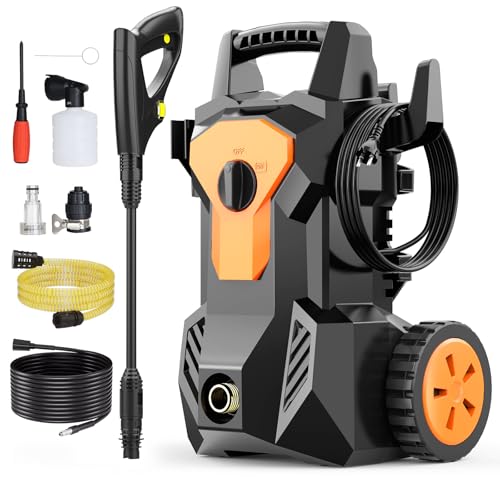 Hidrolimpiadora de Alta Presión con Boquilla Ajustable Pistola 1600W 140Bar 420L/h Hidrolimpiadora de Alta Presión con Boquilla de Espuma, Manguera de 8M Cable de 2M para Coche, Terraza, Jardín, Riego