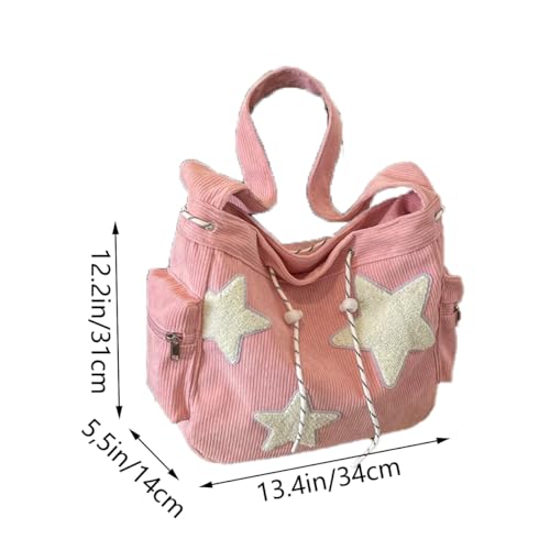 Image of Y2K Star Hobo Bag for Women - Corduroy Drawstring Crossbody Bag, Aesthetic Travel Shoulder Tote (Pink)