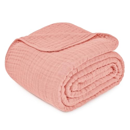 Image of Comfy Cubs Muslin Throw Blanket - 50 inch x 60 inch Quilted Design - Lightweight, Breathable 6-Layer Gauze Fabric - Soft Cotton Blanket for Home or Travel - Packaged in Elegant Gift Box - Bold Blush