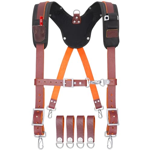 TRUTUCH Leather Work Suspender with Cell Phone Pocket | Fully-Adjustable Padded Heavy Duty Leather Tool Belt Suspenders