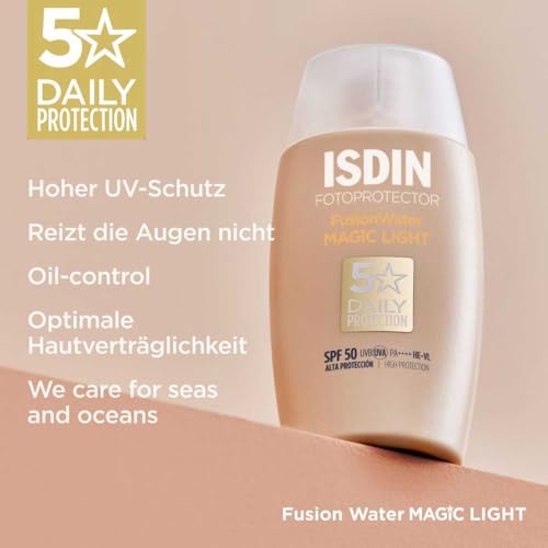 Image of ISDIN Fotoprotector Fusion Water Magic Color SPF 50 PA++++ - Ultralight Tinted Facial Sunscreen - Water-Based, Fast-Absorbing, Oil-Control Formula with Hyaluronic Acid & Vitamin E - 50ml