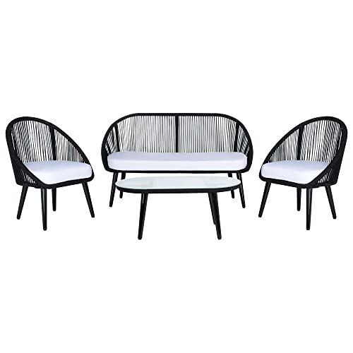 Image of DEVOKO Outdoor 4 Seater Patio Rope Garden Sectional Conversation Set with Cushioned Chair and Glass Top Table for Backyard, Pool, Terrace, Deck (Black & White)