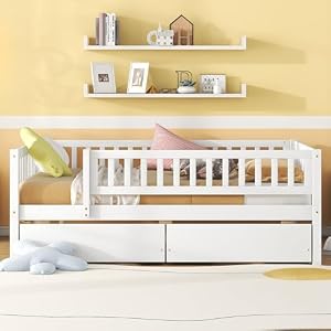 Harper Bright Designs Full Size Daybed with Two Drawers Wood Kids Full Platform Bed Frame with Storage and Rails No Box Spring Needed Easy Assembly White