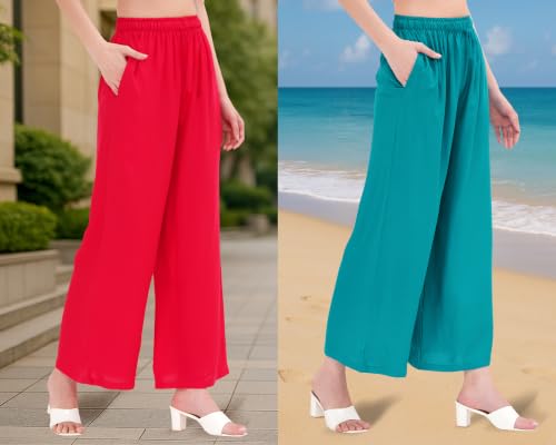 Image of Buy That Trendz Palazzo Pants for Women Cotton Rayon Elasticated Regular Fit Flared Wide Leg M to 6XL Pack of 2