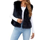 Caziffer Gilet Femme sans Manche en Faux Fur Cardigan Femme Chaud Col V Manteau sans Manche à Couleur Unie pour Femmes Décontracté Streetwear (Noir, M)