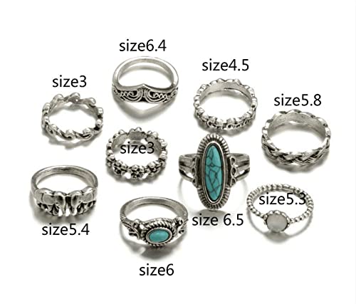 Cathercing 9 Pcs Turquoise Ring Set For Women Knuckle Vintage Rings Pack For Women Girls Bohemian Rings Silver Joint Knot Rings Set For Teens Halloween Party Daily Gift (Style 3) #TOP4
