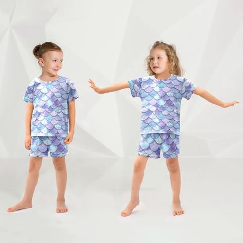 Vdsrup Mermaid Scales Summer Pajamas Set Short Cotton Purple Sleepwear 2 Piece Unisex 5Y4