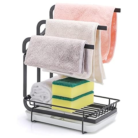 Sponge Holder with Drain Pan for Kitchen Sink Kitchen Towel Rack Sink Caddy Organizer for Dish Sponge Brush Soap Dishcloth Holder(Black) Cover