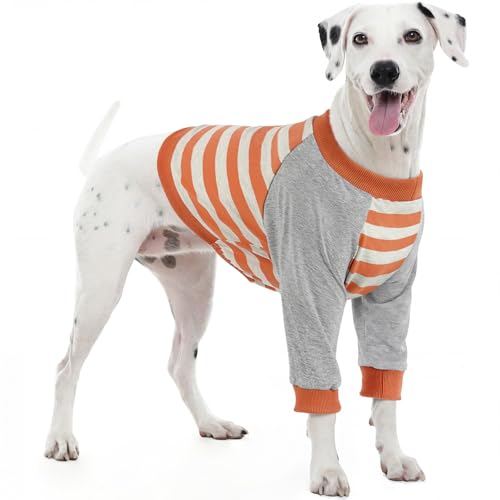 Image of FUAMEY Dog Recovery Sleeve with Elbow Protector,Dogs Shirt Stop Licking Joints,Pet Long Sleeve Suit Protecting Dog's Front Leg Arm Wounds Cover Skin Conditions Orange Stripes L