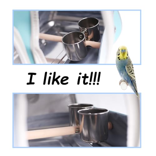 Copos alimentadores de pássaros com suporte de grampo no poleiro em pé, 2 copos de aço inoxidável pa