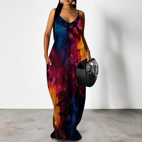 Image of Women's Summer Maxi Dress Spaghetti Strap Floral Boho Beach Long Sundress with Pockets