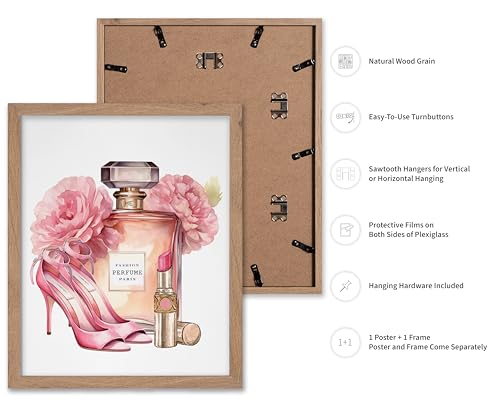 Image of Poster Master Pink Designer Print - Fashion Poster - Shoes, Lipstick & Perfume Art - Chic Gift for Women & Fashionista - Glam Decor for Bedroom or Girl's Room - 16x20 Beige Framed