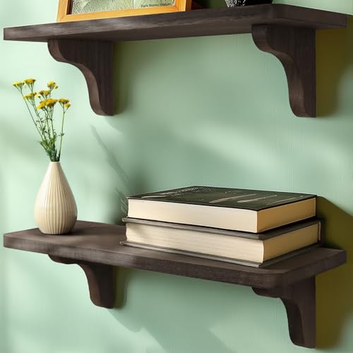 Real Wood Dark Brown Shelves for Wall - 17 inch (2 Pack) - Easy to Install, Template and Video Included - Brown Wall Shelf, Dark Wood Shelf