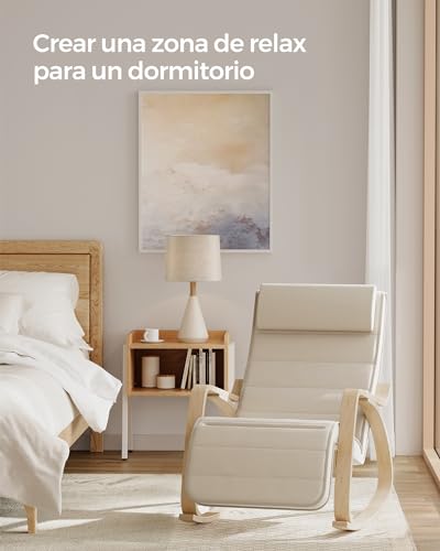 Miniatura 4 de Songmics Silla Mecedora Con Apoyabrazos De Madera De Abedul, Con Reposapiés Ajustable En 5 Posiciones, Capacidad De Carga Máxima 150 Kg, Dormitorio, Salón, Beige Lyy10m