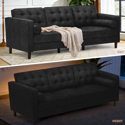 Image of 84 inch Suede Leather 3 Seater Sofa with Two Bolster Pillows, Tufted Sofa with Wooden Legs, Mordern Couch for Living Room, Office, Apartment, Black