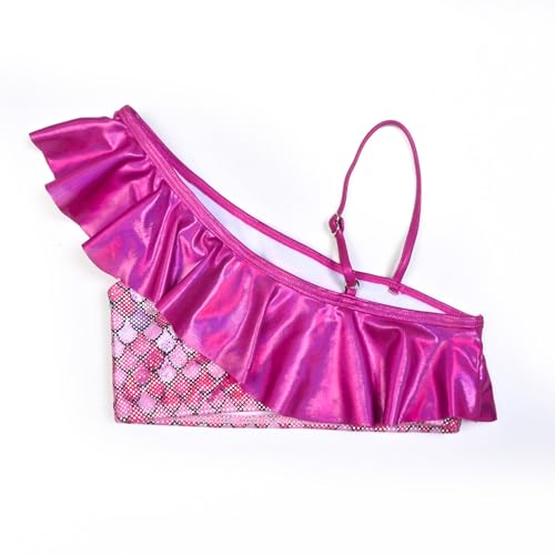 Image of CHILDRENSTAR Girls Metallic Bathing Suits Shiny Ruffles One Shoulder 2 Pieces Swimsuits Cute Bikini Set