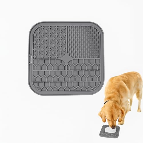 Image of Licking Mat for Dogs and Cats | Premium Lick Mat Suction Cups | Anxiety and Boredom Relief | Slow Feeding Mat Puzzle Toy | Food Grade Silicone Distraction Toy (Grey)