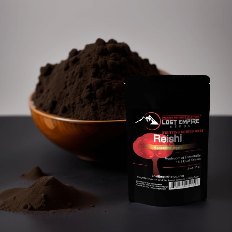Miniatura 2 de Lost Empire Herbs Reishi (Ganoderma Lucidum) Polvo de hongos 161 Extracto doble - Orgánico - 0.53oz