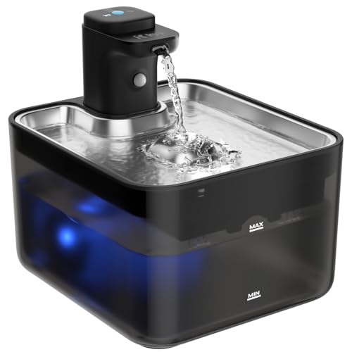 KYG Fontanella per Gatti Senza Fili, 3L Fontanella Gatto Automatica con Sensore di Movimento, Vassoio Acciaio Inox 304, Fontana per Gatti Silenziosa, 4000mAh(Modulo Alimentazione Removibile), Nero