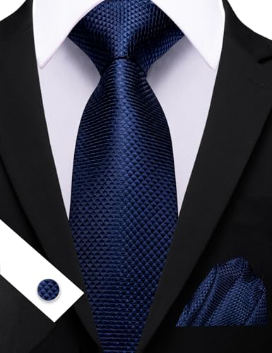 Image of Barry.Wang Tie Sets for Men Silk Stripe Necktie Woven Checkered Handkerchief Cufflinks Formal Business Wedding