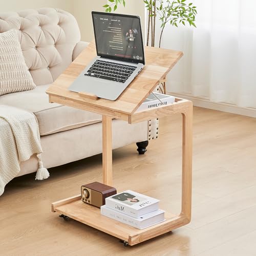 Image of Uniclinens Couch Tables that Slide Under - Rolling Side Table C Shape, Wooden Slim Sofa Desk with Wheels, Small TV Tray for Laptop Multi-Purpose Living Room Bedroom, Natural