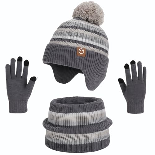 Image of Kids Winter Hat Gloves Scarf Set,Beanies with Earflap Pompom Neck Warmer Touchscreen Gloves Fleece Lined for Boys Girls 4-10Y