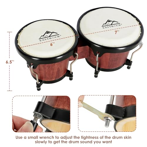 EASTROCK Bongo Drum 6″ and 7″ Set for Beginners Students Adults Professionals, Natural Animal Skin Heads, Solid Wood Shell, Tunable Drum Percussion Instruments Bongos with Bag and Tuning Wrench-Red by EASTROCK - Image 5