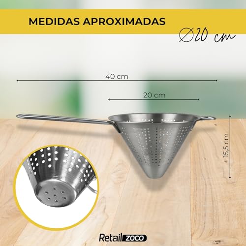 Miniatura 4 de Colador Chino De Cocina, Colador Forma Cónica, Colador Chino, Escurridor De Acero, Apto Para Para Pasta, Verduras, Frutas Y Arroz, Acero Inoxidable, Incluye 1 Gancho De Sujección, Diámetro 20 Cm