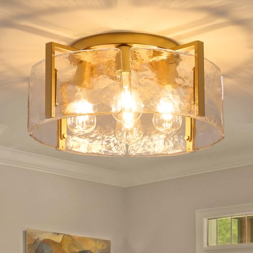 MIAYBPH Gold Semi Flush Mount Ceiling Light Fixture, 17.7-Inch Farmhouse Modern Flush Mount Light Glass Drum Lights Foyer Lighting Fixtures for Kitchen Entryway Hallway Bathroom Bedroom Laundry Room by MIAYBPH - Used condition - US$115.82