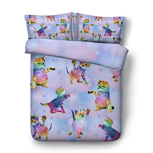 Royal Linen Source 3PCS Cute Unicorn Cats Chasing Stars 3D Kids Animal Bedding Set Childrens bedlinen Twin Full Queen King Luxury Duvet Cover (JF599, King)