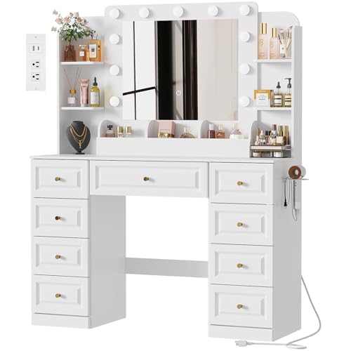 Image of Vanity Desk with LED Light Mirror Makeup Vanity with 9 Drawers, White