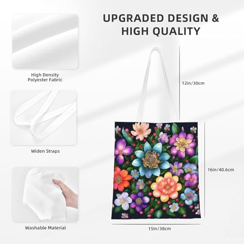 Flower Diamond Paintings Print Polyester Canvas Tote Bag, Shopping Bag With Reinforced Handles, Reusable4