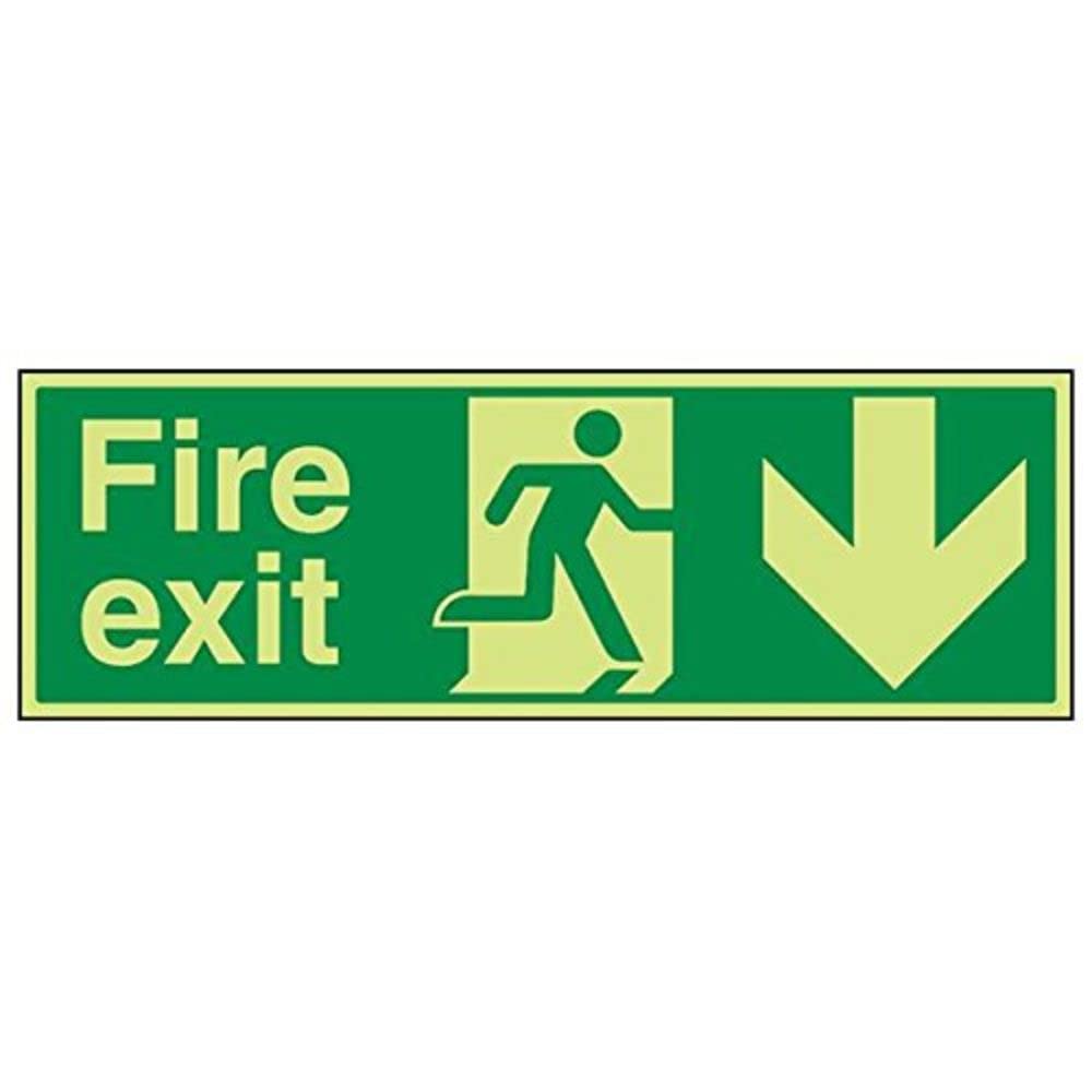 Vsafety 14002BP-G'Fire Exit Arrow Down' Sign, Landscape, 600 mm x 200 mm (Pack of 3)
