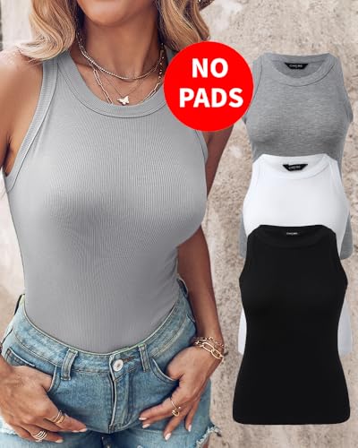 Image of CHICME 3 Piece Womens Tank Tops Sleeveless Basic Cami Shirt Slim Knit Ribbed Racerback Blouses