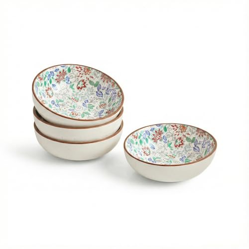 Image of ExclusiveLane 'Spring Garden' Ceramic Bowls for Serving Bowl Set (Set of 4, Microwave & Diswasher Safe, Each Bowl Capacity : 420 ml) |Bowl for Kitchen Snacks Serving Bowl Ceramic Snack Bowl