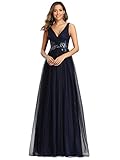 Ever-Pretty Vestido de Fiesta Largo Mujer Tul Lentejuelas Corte Imperio Apliques Escote V A-línea Azul Marino 40