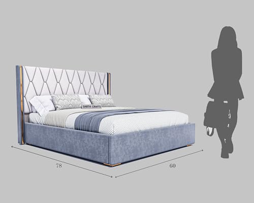 Image of Acacia Modern Upholstered Queen Size Bed with Hydraulic Storage for Bedroom | Wooden Double Beds for Home & Hotels | Platform Cot Bed with Upholstery Fabric, 6.5 x 5 Ft, Sheesham Wood, White-Grey