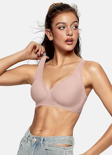 OEAK Womens Deep V Bras Wireless Comfortable Bra Supportive No Underwire Bras Tshirt Push Up Bralettes Plunge Seamless Bra Nude XL - Image 4