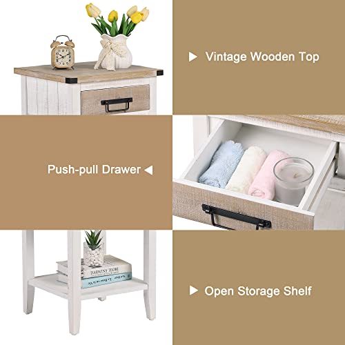 Rustown Farmhouse Bedside Storage Table Set Of 2, Nightstand End Table With Storage Drawer And Open Shelf, Side Table For Bedroom/Living Room/Lounge (Vintage White) #TOP5