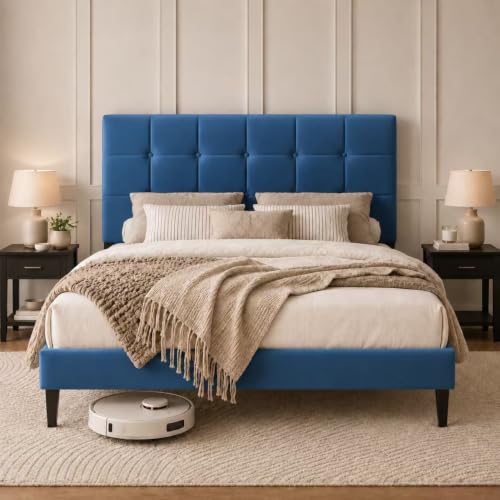 Image of Bednew 4ft6 Double Bed Frame with Velvet Upholstered Headboard, Blue