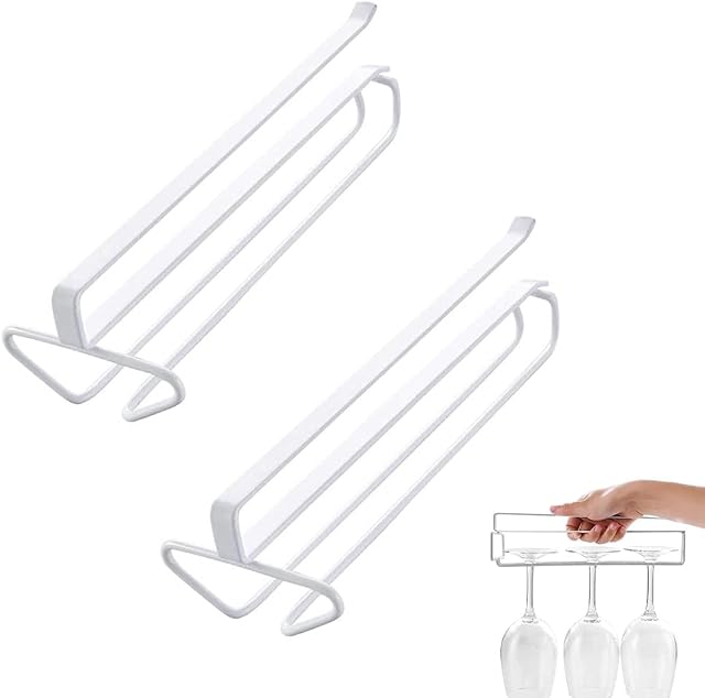 2 Pieces Hanging Wine Glass Holder Rack, under Cabinet Stemware Rack, Single Row Wine Glass Rack, Wine Glass Rack Ceiling, for Kitchen, Home, Bar, Shelves,Restaurant, Decoration(White)