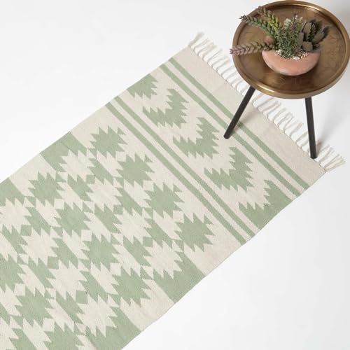 Homescapes Turin Teppichläufer Rautenmuster Creme-grün 66x200 cm, Baumwoll-Läufer waschbar, Kelim Teppich geometrisch