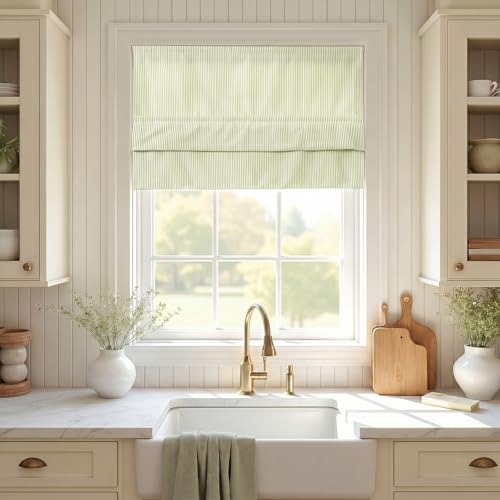 Image of TWOPAGES No Drill Cordless Farmhouse Ticking Stripe Roman Shades Roman Blinds for Windows, Custom Made Light Filtering Blackout Blinds Shades for French Door, Olivine Pinstripe, 1 Piece