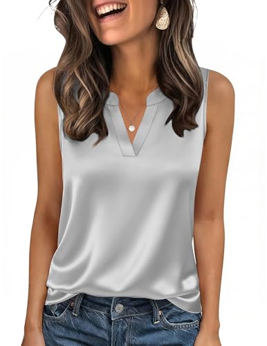 Zeagoo Canotta Donna Estive in Raso Senza Maniche con Scollo a V Camicette Casual Maglietta T-Shirts Elegante Canottiera Base Solido Tank Top Grigio XXL