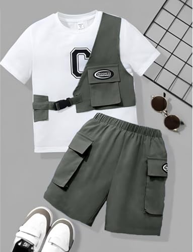 Image of Kids Boys 3-Piece Outfit Set | Half Sleeve T-Shirt, Utility Vest & Cargo Shorts with Cap | Stylish Casual Summer Clothing Set for Boys