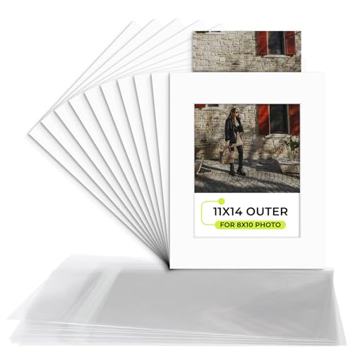 Golden State Art, 10 Pack 11x14 Slip-in Photo Mats Kits for 8x10 Photos, Pre-Pasted Backing Boards, Acid-Free, 8-Ply Thick Cardboard Frames, with Clear Storage Bags (White)