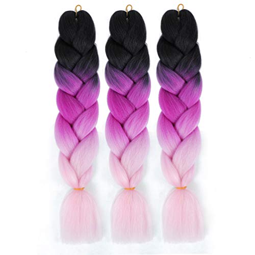 Sofeel Braiding Hair Three Tone Ombre Kanekalon Jumbo Braids Synthetic Braiding Hair 3Pcs/Lot Hair Extension for Twist Braiding Hair Jumbo Braiding Hair (Black-Purple-Light Purple, 24 Inch)